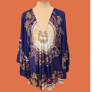 Free People Navy Boho Festival Blouse Deep V Bell Sleeve Scarf Print size S
